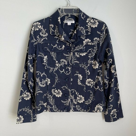 Pendleton Jackets & Blazers - Pendleton Womens Blue Floral Long Sleeve Button Front Jacket